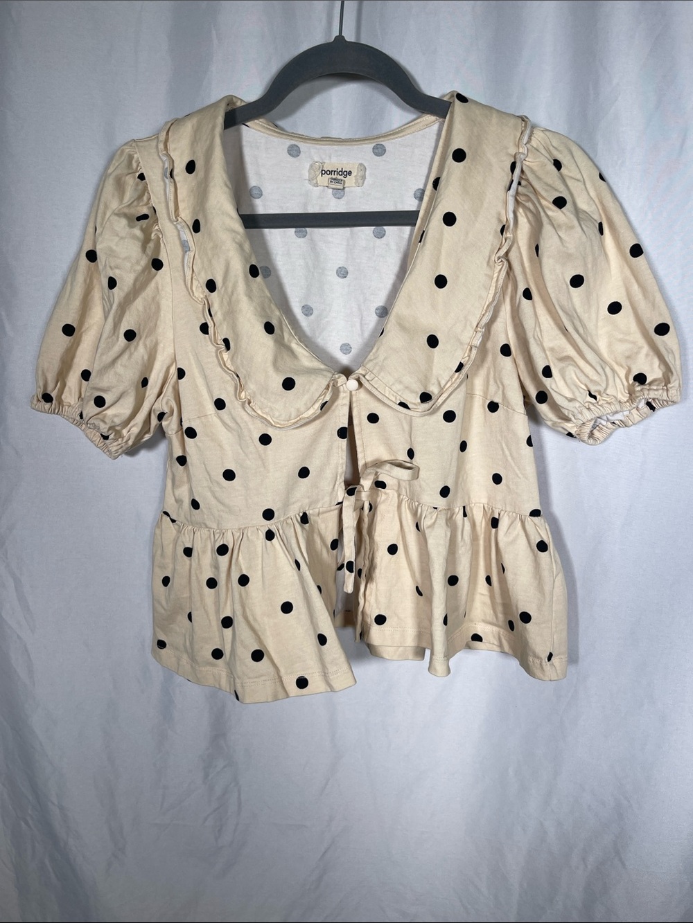 PORRIDGE ANTHROPOLOGIE WOMENS GWEN POLKA DOT SHORT SLEEVE PEPLUM BLOUSE MEDIUM - Picture 2 of 5